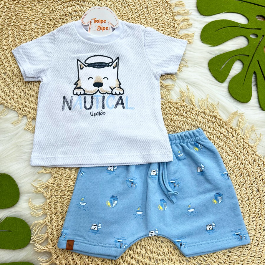 Conj Nautical Cãozinho Branco e Azul